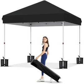 10x10 Pop Up Canopy with One Button Push Setup - Heavy Duty Outdoor Canopy Tent with Portable Roller Bag - 3 Adjustable Height, 4 Weight Bags, 8 Stakes & 4 Guy Ropes Included, Black