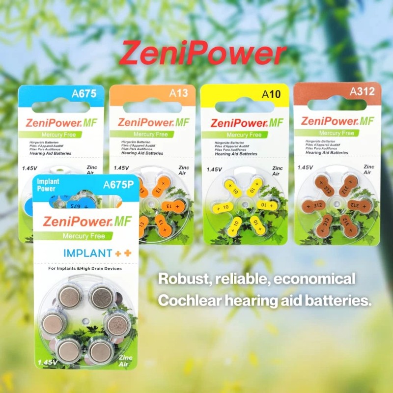 ZeniPower Premium Cochlear Implant Batteries 6 Count Pack of 10