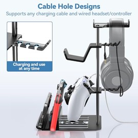 KDD Soporte Auriculares Gaming, Universal Soporte Control & Porta Cascos Mesa con Organizador de Cables, Gancho Controlador con Barra Apoyo de Aluminio para Switch Teléfono Accesorios Juego PC(Negro)