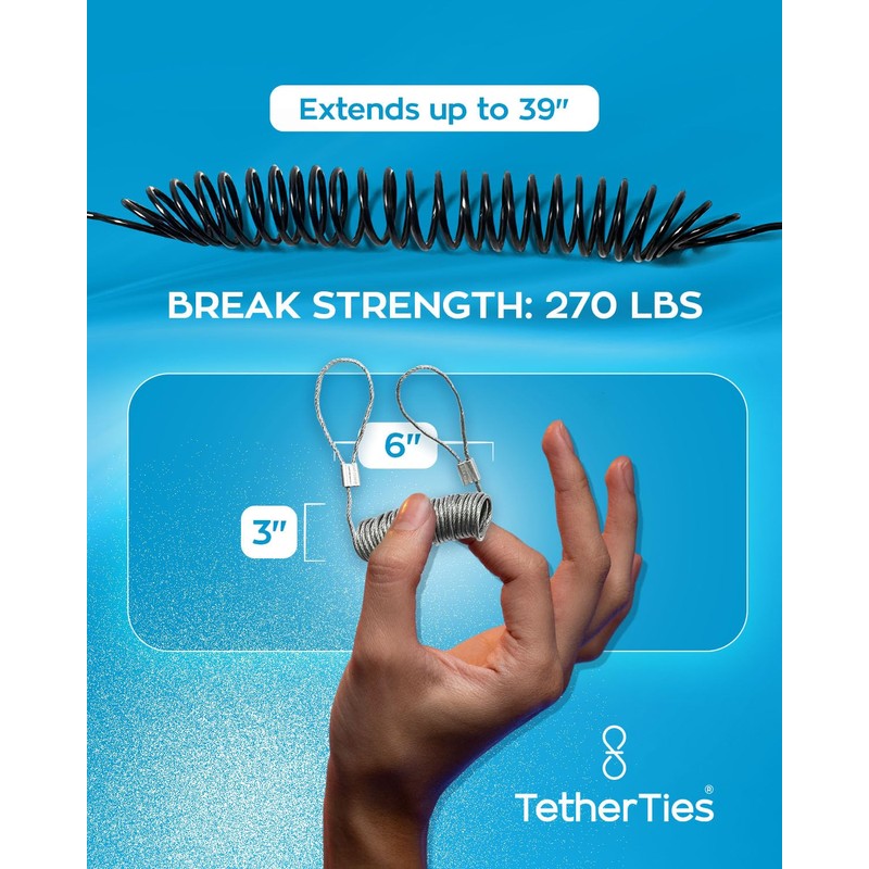TetherTies Coils 5 Pack - Extendable, Expandable, Retractable Cable Tethers,