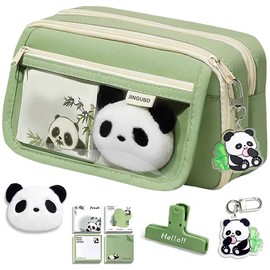 YGCHEN Pencil Case Panda Pencil Case Kawaii Stationery Bag Large Capacity Pencil Case Panda Pencil Case Stationery Organiser with Key Fob Sticky Notes Storage Clip Brooch 5 Pieces, Green, Panda
