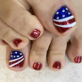 4th of July Press on Toenails Independence Day False Toenails Glossy Short Square Toe Nails Patriotic American Nail Toe Nails for Women