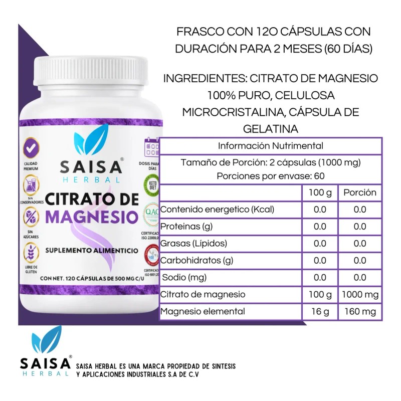 Citrato Magnesio Potasio 240 Cápsulas Saisa Herbal Suplemento Alimenticio Energía