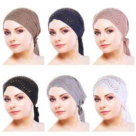 6 Pcs Rhinestone Women Head Scarf Stretchy Head Wrap Bandana Beanie Pre Tied Durag Turban Cap Skull Cap Headbands