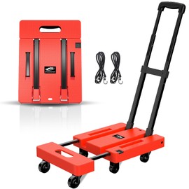 SPACEKEEPER Folding Hand Truck, 500 LB Heavy Duty Luggage Cart, Utility Dolly Platform Cart with 6 Wheels & 2 Elastic Ropes for Luggage, Travel, Moving, Shopping, Office Use, Orange