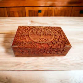Ajuny Handcarved Wooden Decorative Treasure Chest Box 8 x 5 Inch Brown Tree Of Life Pattern - Multipurpose Use As Jewelry Storage, Watch Box, Great for Gifts