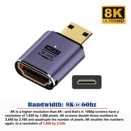 xiwai 8K Mini HDMI Male to HDMI 2.1 Female UHD Extension Gold Converter Adapter Support 8K 60Hz HDTV