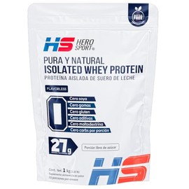 HS HERO SPORT Protein Pure and Natural Whey Protein Isolate 1kg. 100% Proteína Aislada, 27g de Proteína, 0 Azúcar, 0 carbs, 0 Flavor, Gluten Fre, Bottle Free, 33 Porciones.
