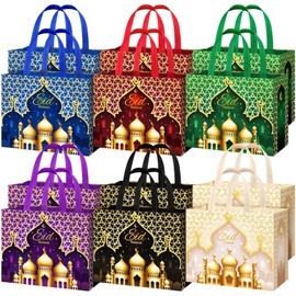 Yoojahow 12 Pcs Eid Mubarak Gift Bags with Handles 12.6 x 9.8 x 6.7 Inch Large Reusable Ramadan Tote Bags Eid Mubarak Non-Woven Treat Bags for Gifts Wrapping Shopping Ramadan Party Supplies