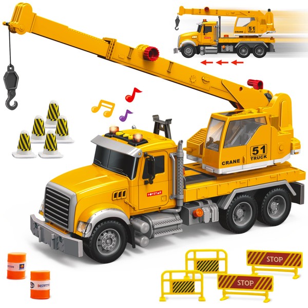MOBIUS Toys Crane Toy Truck Set - Kids Construction Crane Truck w/Extending Arm, Rotation, Various Props and Buttons + Sounds & Lights - Toy Crane Truck for Boys Age 4-7, Girls, 3 Years Old+
