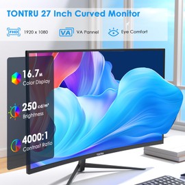 TONTRU 27-inch FHD(1920 x 1080) Monitor Curved, VA Panel, 75Hz, HDMI/VGA, Low Blue Light, Flicker-Free, 3-Side Frameless, VESA Mount, Slim Metal Stand, for Home Office Use, Black