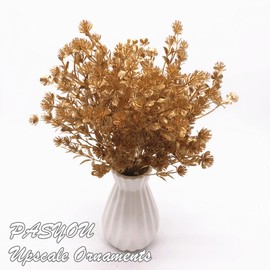PASYOU Gold Fake Plants, Artificial Flowers Decoration for Christmas Golden Leaves Grass Plastic Faux DIY Crafts Indoor Outdoor Home Garden Party Room Bedroom Wedding Table Centerpiece Decor, 4 Pack