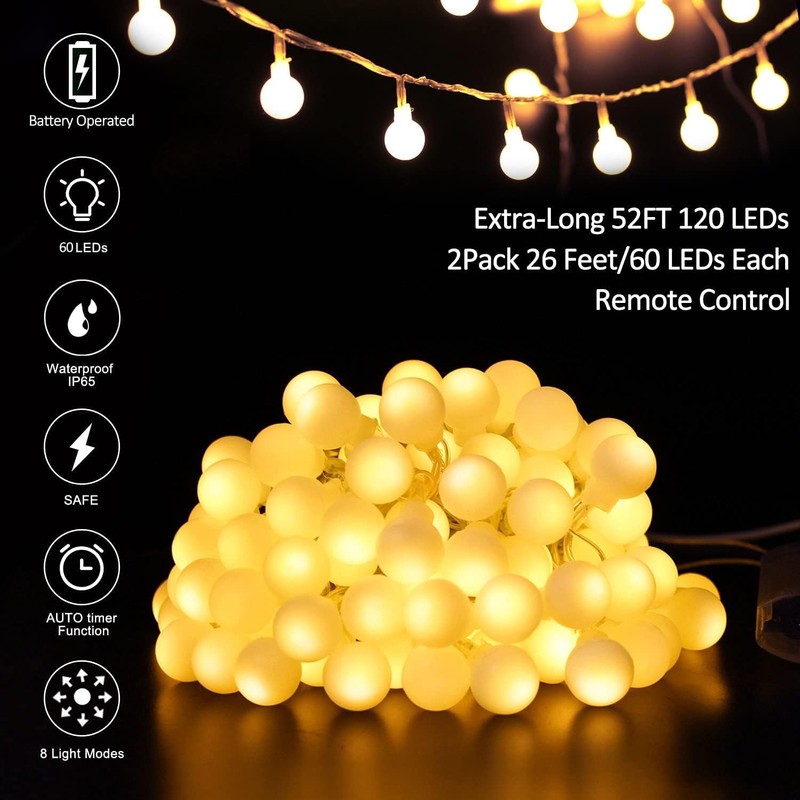 Battery Operated LED Globe String Lights, 2-Pack Total 52FT 120LEDs