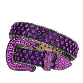 TINIDI Men Women Rhinestones Belt Western Bling Diamond Crystal Studded Leather Belt For Jeans Pants (46: fits waist from 34"-36", Purple)