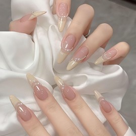 IMRAIN Press on Nails Long Stiletto Fake Nails Pearl French Tips False Nails Glossy Almond Glue on Artificial Nails for Women Girls 24Pcs Full Cover Natural Stick on Nails