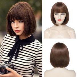 Brown Bob Wig with Bangs Short Brown Wigs for Women 12 Inch Straight Synthetic Fiber Hair Wig Natural Looking for Daily Use (Wig and Sunglasses)