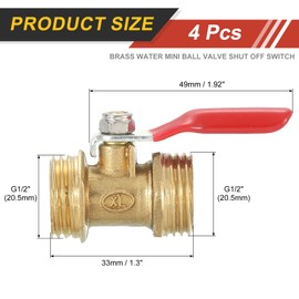 sourcing map 4Pcs Brass Water Mini Ball Valve Shut Off Switch, G1/2" Male x G1/2" Male Tubing Fitting Straight Coupling Adapter, 180 Degree Operation Handle, Brass Valve