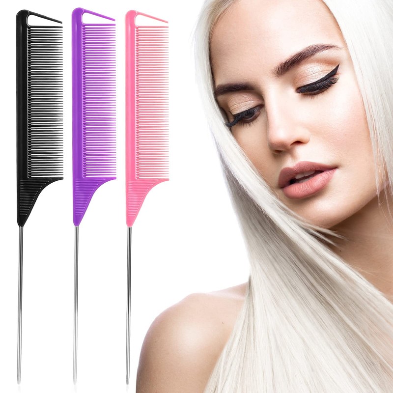 Rat Tail Combs Set: 3Pcs Long Steel Pin Teasing Combs