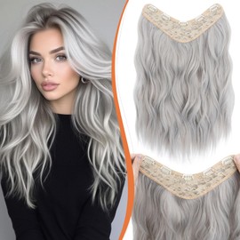 Benehair 18 Inch Clip in Hair Extensions Long Curly Wave Clips in One Piece 5 Clips Extensions Synthetic Fiber Full Head Natural Looking Hair Piece for Women(Silver Gray, 160g)