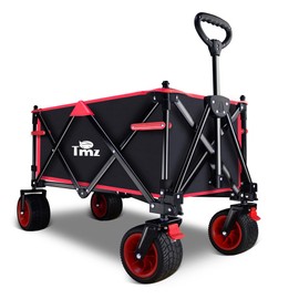 TMZ Collapsible Foldable Wagon, 130L Beach Cart with Brakes & Canopy, Portable Foldable Wagon for Camping, Shopping, Garden, 265LBS Capacity (Black/Red)
