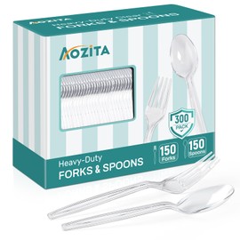 [300 Count] Plastic Silverware, Heavy Duty Plastic Forks Spoons Disposable Utensils Cutlery Set for Wedding Party Supplies Everyday Use - Clear