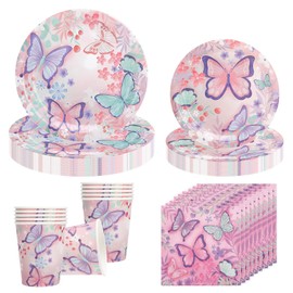 Camptrip 80-Piece Party Tableware Set, Children's Birthday Decoration, Butterfly Tableware, Butterfly Party Decorations for 20 Guests, Butterfly Party Decoration Accessories with Paper Cups, Plates