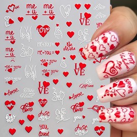8Pcs Valentines Day Nail Art Stickers Decal Red Heart Nail Sticker 3D Self-Adhesive Red White Love Heart Letter Nail Design Valentine Day Heart Nail Charms Decals for Acrylic DIY Manicure Decorations