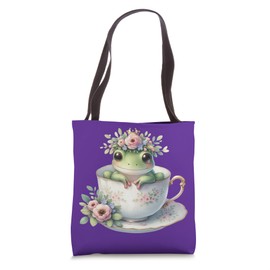 Cute Frog in Teacup with Floral Crown Tote Bag
