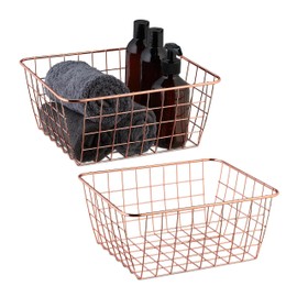 Relaxdays Wire Basket Set of 2 Square Storage Basket Metal HBT 12 x 27.5 x 22.5 cm Basket Kitchen Bathroom Mesh Basket Rose Gold