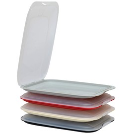 Engelland - 4er Set hochwertige stapelbare Aufschnitt-Boxen, Frischhaltedose für Aufschnitt. Wurst Behälter. Perfekte Ordnung im Kühlschrank - 1x Rot 1x Schwarz 1x Beige 1x Grau