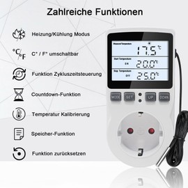 KETOTEK 230 V Temperature Controller Plug with Sensor, Digital Thermostat Plug with Timer, Plug Thermostat Timing Switch for Greenhouses, Aquariums, Heating, Cooling
