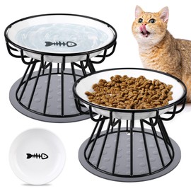 Katzennäpfe Erhöht 2 Stück, Katzennapf Erhöht Keramik, Erhöhter Katzennapf Anti-Erbrechen-Katzennapf, Katzenfressnapf Erhöht mit Rutschfester Matte, Katzen Futternapf Erhöht für Katzen Kleine Hunde