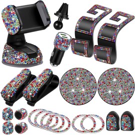 Tallew 20 Pieces Car Accessories for Women, Bling Car Accessories Set, Bling Car Phone Holder Mount, Bling Dual USB Car Adapter, Cup Pads, Bling Glasses Holders (Multicolor)