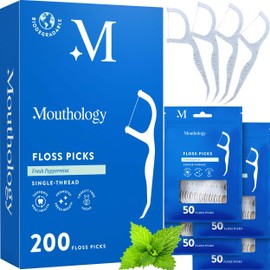 Mouthology Biodegradable Floss Picks (200 Pack), Wheat Straw Dental Floss Picks, Mint Flavored Flossers Biodegradable, Dental Floss PFA Free, Compostable Tooth Flossers for Adults & Kids Floss