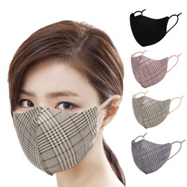 Washable Checkered Mask, Autumn and Winter Mask, Fashion Mask, Plaid, Easy to Breathe, Non-Stuffy, Won't Hurt Your Ears, Pack of 4, Includes 2 High Performance Filters (Check Mix F)