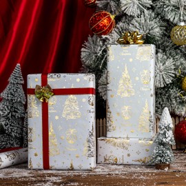 MAYPLUSS Christmas Wrapping Paper, White and Gold Gift Wrapping Paper, Gold Foil Christmas Tree Winter Holiday Gift Wrap Neutral for Gift Packaging, Festive Decoration (17 Inch X 33 Feet)
