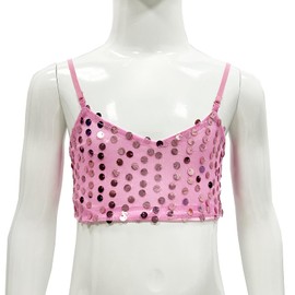 TAIKMD Kids Girls Sparkly Sequins Dance Crop Top Jazz Latin Hip Hop Modern Dance Bra Vest Shirt Performance Dancewear (Pink, 2-4)