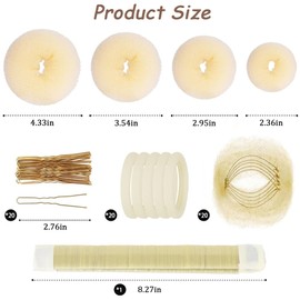 Hair Bun Maker Kit for Women & Girls – Includes 4 Donut Bun Shapers, 20 Hair Nets, 20 Bobby Pins, 20 Elastic Bands, 1 Hair Twists – Reusable Bun Maker Set for Ballet, Weddings, Dance（Beige）