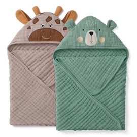 Blissful Diary Muslin Baby Hooded Towel 2 Pack, Soft & Absorbent Bath Towel for Infant, Toddler, Unisex, Baby Gift, Newborn Essentials, Bear & Giraffe