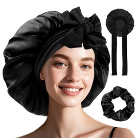 Shyllin Hair Sleep Cap, Pack of 2 Hair Caps for the Night with Hair Elastic, Satin Hood for Sleeping, Suitable for Daily Care, Silk Hair Cap, Women's Sleep Cap, Hair Protection (Black)