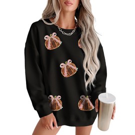 MARZXIN Women 2025 Holiday Casual Mardi Gras Sweatshirts Long Sleeve Sequin Sweatshirt Fashion Glitter Hoodies Outfits Black Bow Pumpkin M