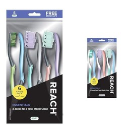Reach Essentials Toothbrush with Toothbrush Caps, Multi-Zoned Angled Soft Bristles & Essentials Toothbrush with Toothbrush Covers, Multi-Angled Medium Bristles, Contoured Handle