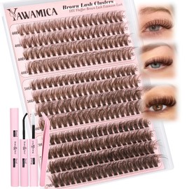Yawamica Brown Lash Clusters Kit Fluffy Eyelash Extension Kit 40D 50D 70D Volume Eyelash Clusters 10-16mm Individual Lashes D Curly Cluster Lashes DIY Lash Extension Kit with Bond and Seal Tweezers