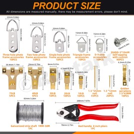 Rustark 267Pcs Picture Hanging Kit 75lb 40lb 30lb 20lb 10lb Picture Hanging Hooks, 50M Picture Hanging Wire, D Ring Picture Hangers with Screws, Cable Cutter Picture Frame Hanging Hardware Kit