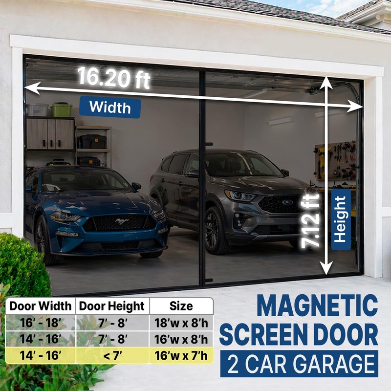2 Car Garage Door Screen Magnetic Self-Closure- Retractable Fiberglass Mesh