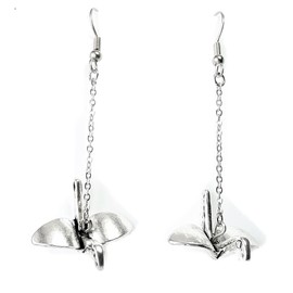 3/D Oragomi Bird – 36mm chain - 10x24x23mm - Silver alloy charm dangle earrings. Hypoallergenic Stainless-Steel Fishhooks or Ball Post Earrings Optional