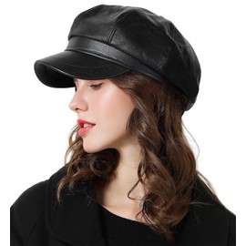 Genfien Beret Hat Classic Solid Color French for Women Newsboy Cap Beaker Boy Faux Leather Hats for Ladies Black