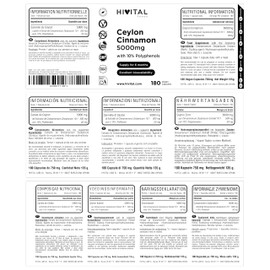 Ceylon Zimt 5000 mg. 180 vegane Kapseln für eine 6-monatige Behandlung. Natürlicher Extrakt der Zimtstange (Cinnamomum Zeylanicum) mit 10% Polyphenolen. Von HIVITAL