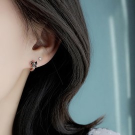 Reffeer Solid 925 Sterling Silver Bow Hoop Earrings Huggie for Women Girls Black CZ Bow Huggie Earrings Cartilage (B-Rose Gold)