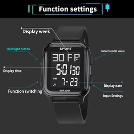 LIWEARE Casual Sports Watch Unisex Digital Watch 10 m Waterproof Sports Watch Stopwatch Calendar Luminous Digital Watch with Alarm Clock, black, Strap.